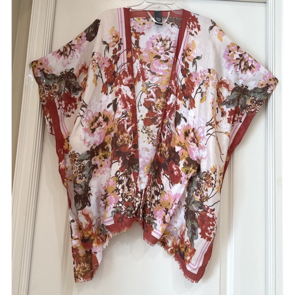 Vince Camuto Floral Wrap Kimono Pink Rust Multi Color One Size Eyelash Fringe